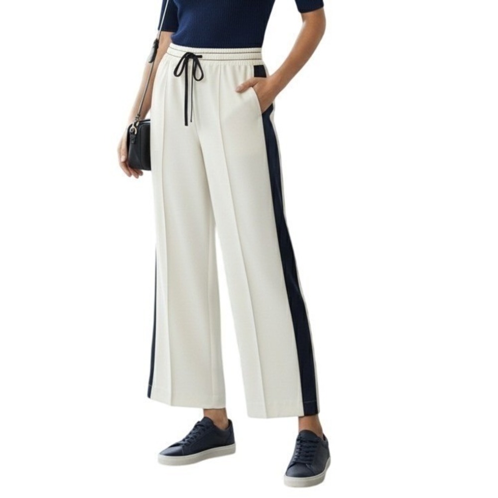 REISS May Wide Leg Trousers Womens 12 Large Tuxedo Cream Navy Blue